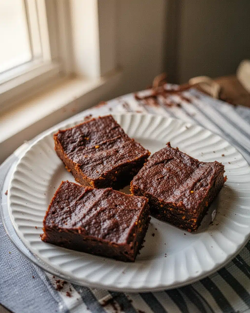 2 Ingredient Pumpkin Brownies on White Plate Three 2 ingredient pumpkin brownies on a white plate with baking dish in background