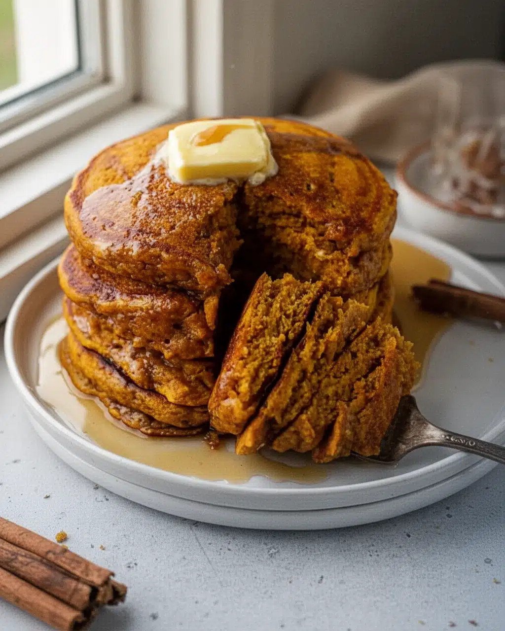 Stack of baked pumpkin pancakes with butter and syrup, fork taking a bite