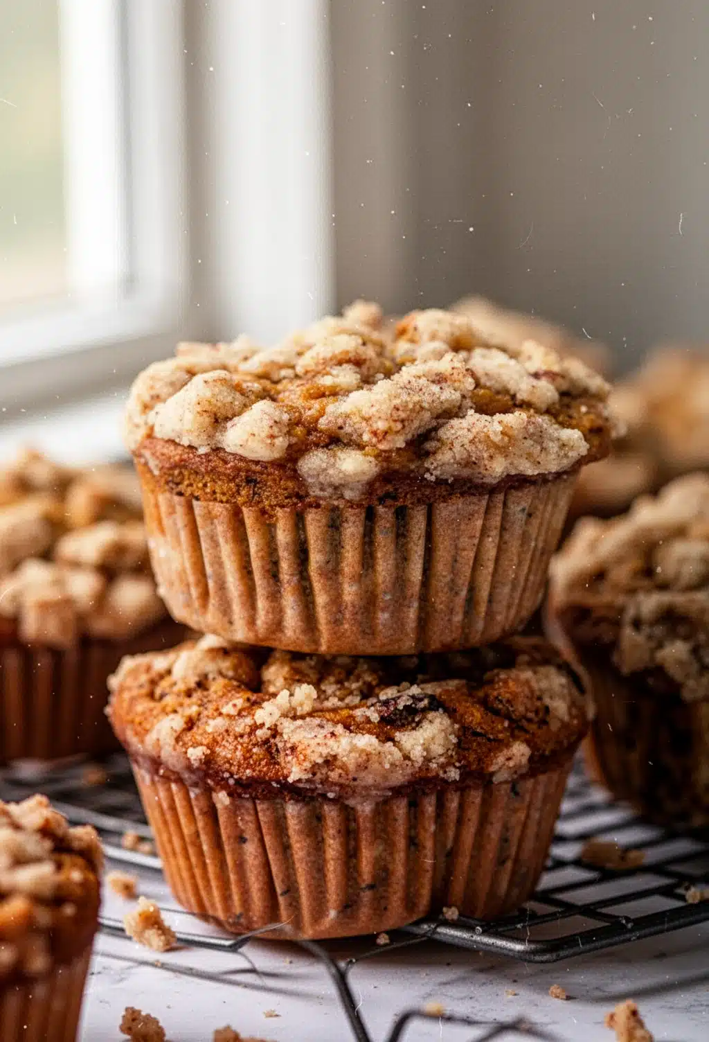 Delicious Bakery Pumpkin Muffins with Streusel Topping Bakery pumpkin muffins with streusel topping, stacked and fresh from the oven