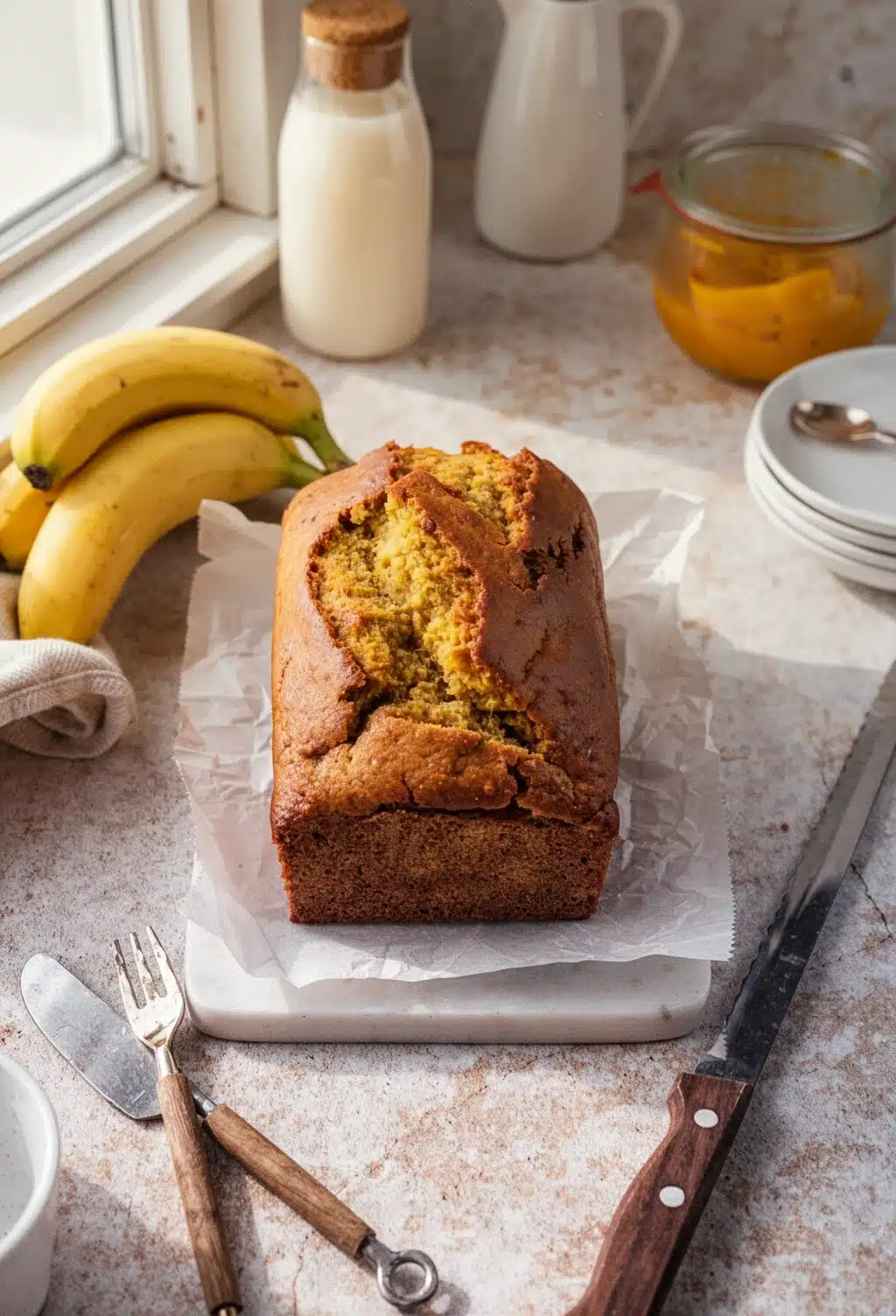 Moist banana and pumpkin bread loaf with fresh bananas and pumpkin puree nearby