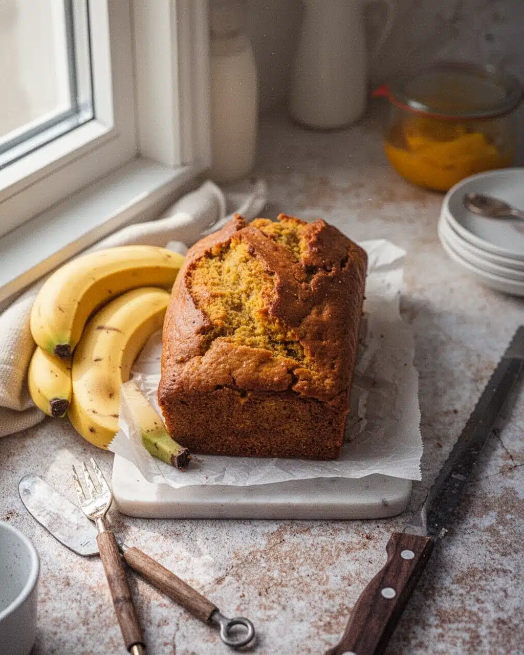 Moist banana and pumpkin bread loaf with bananas and pumpkin puree nearby