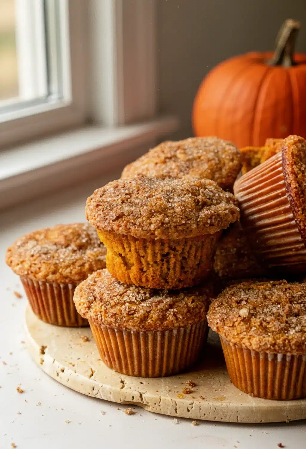 Delicious Banana Pumpkin Muffins with Cinnamon Sugar Topping Banana and pumpkin muffins with cinnamon sugar topping on a wooden board