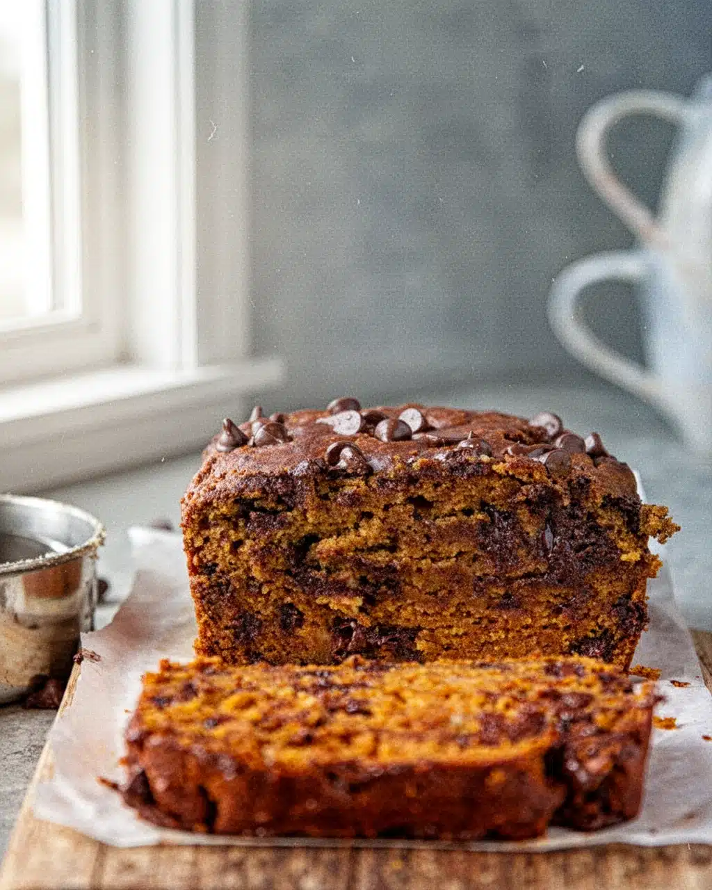 Best Chocolate Chip Pumpkin Bread with Banana Slices Moist chocolate chip pumpkin bread with banana, sliced and topped with chocolate chips