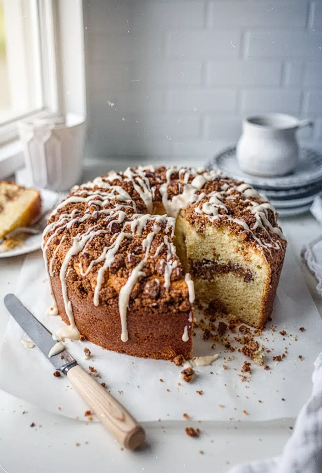 Best Coffee Cake Recipe with Streusel Topping and Glaze Best coffee cake recipe with crumb topping and vanilla glaze, sliced and served