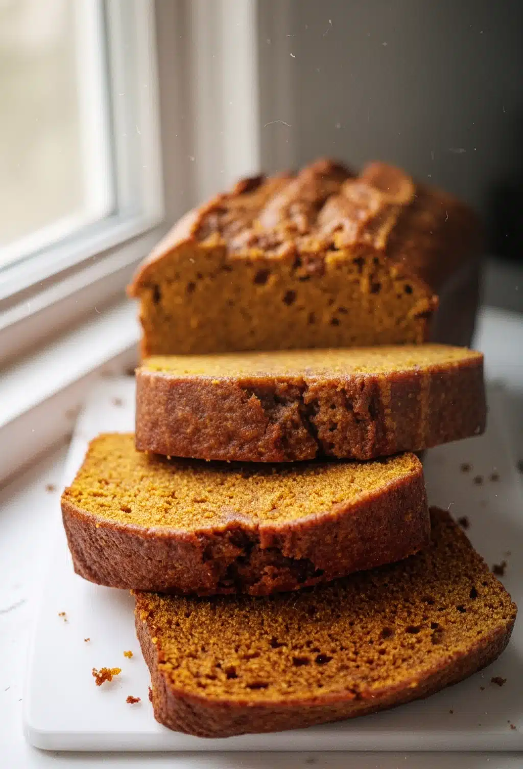 Best Homemade Pumpkin Bread Slices Sliced best homemade pumpkin bread on white board, golden crumb, warm spices