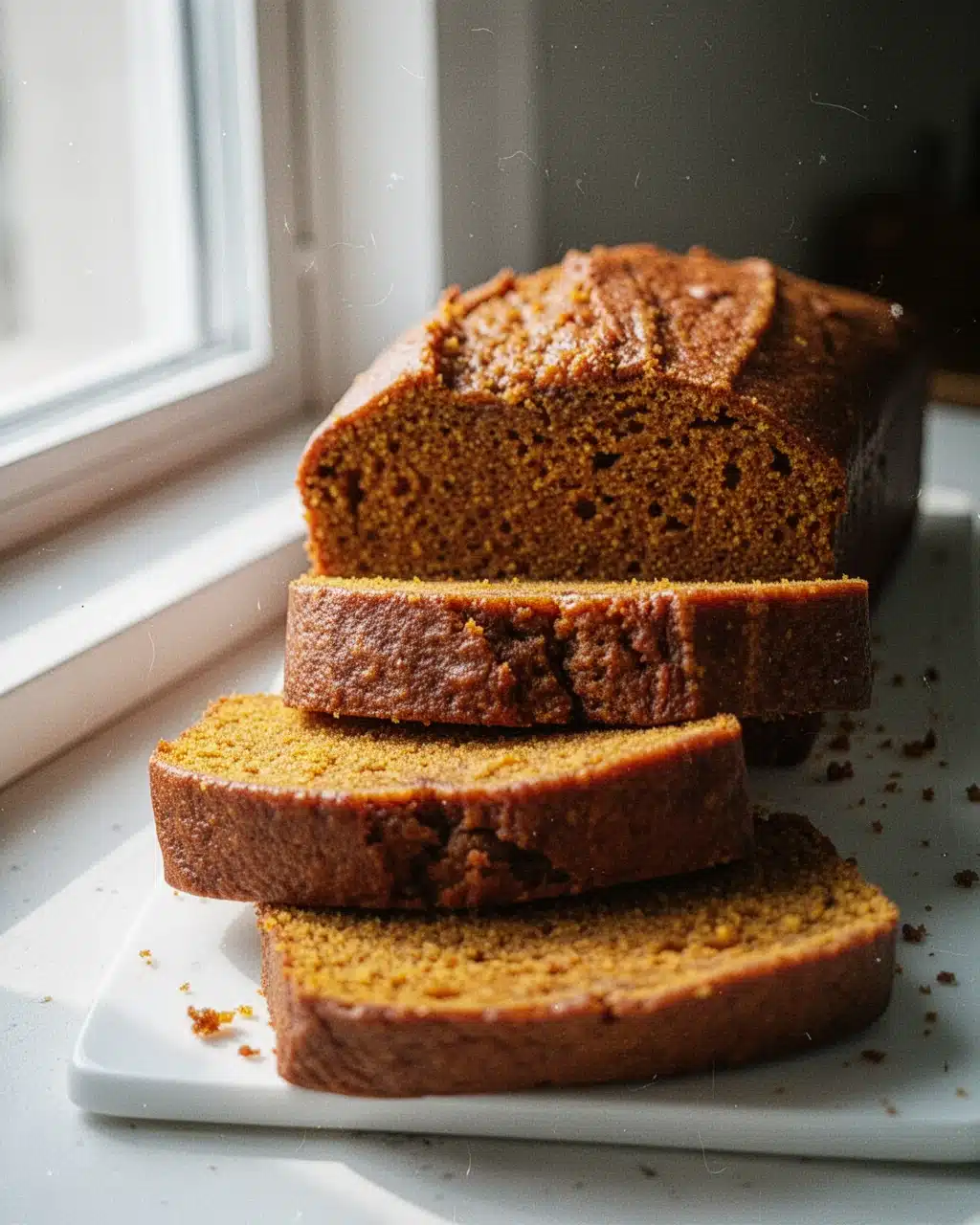 Best Homemade Pumpkin Bread Slices Slices of best homemade pumpkin bread on a white board