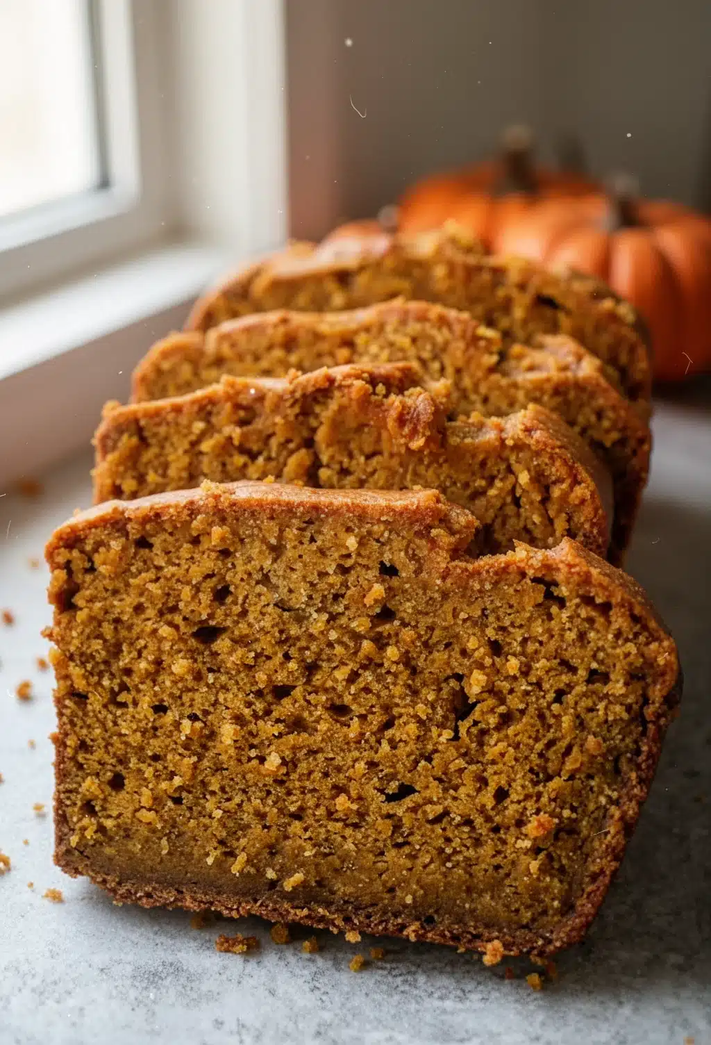 Best Pumpkin Bread Recipe Ever Slices with Pumpkins Moist slices of the best pumpkin bread recipe ever with pumpkins in background