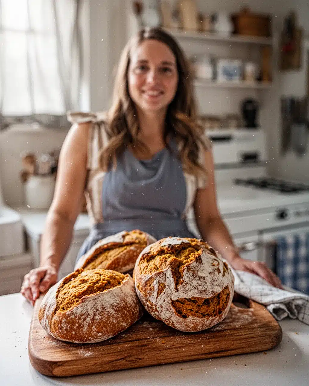 Best Sourdough Pumpkin Muffins Recipe Woman holding sourdough pumpkin muffins in a bright kitchen