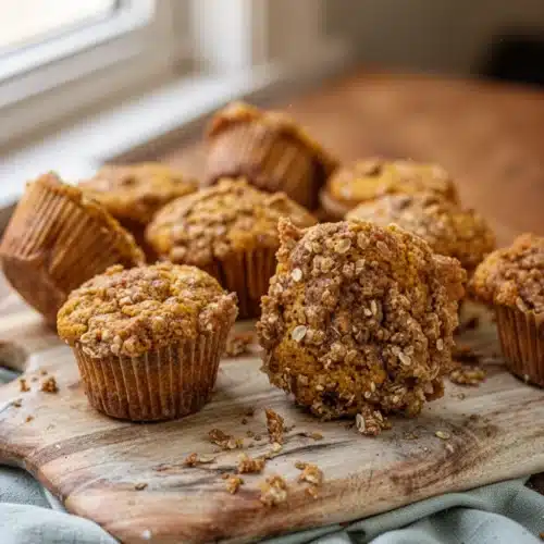 The Best Sourdough Pumpkin Muffin Recipe You'll Adore 1 Best sourdough pumpkin muffins with oat crumble topping on wooden board
