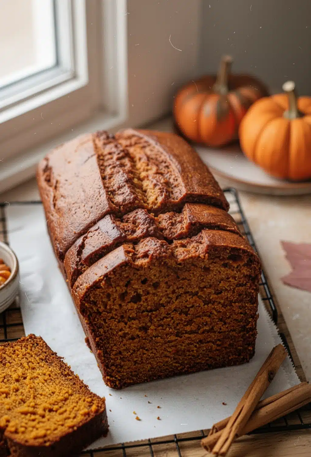 Moist vegan pumpkin bread loaf with cinnamon sticks and fall decor