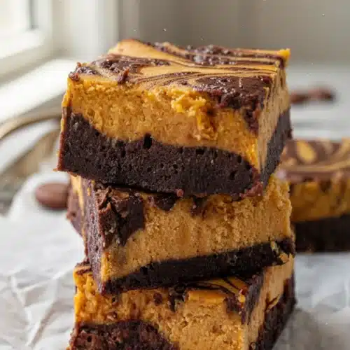 Brownie Mix with Pumpkin: Indulge in This Easy Delight 1 Brownie mix with pumpkin swirl, fudgy chocolate and creamy pumpkin layers, stacked slices