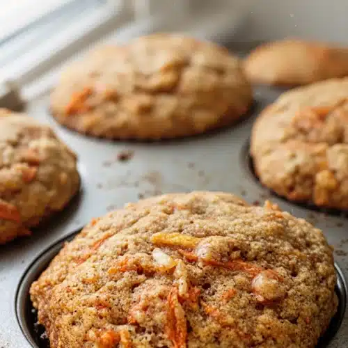 Delicious Carrot Cake Spelt Flour Muffins You’ll Love 1 Carrot cake spelt flour muffins in a muffin tin, golden brown with visible carrots and apples