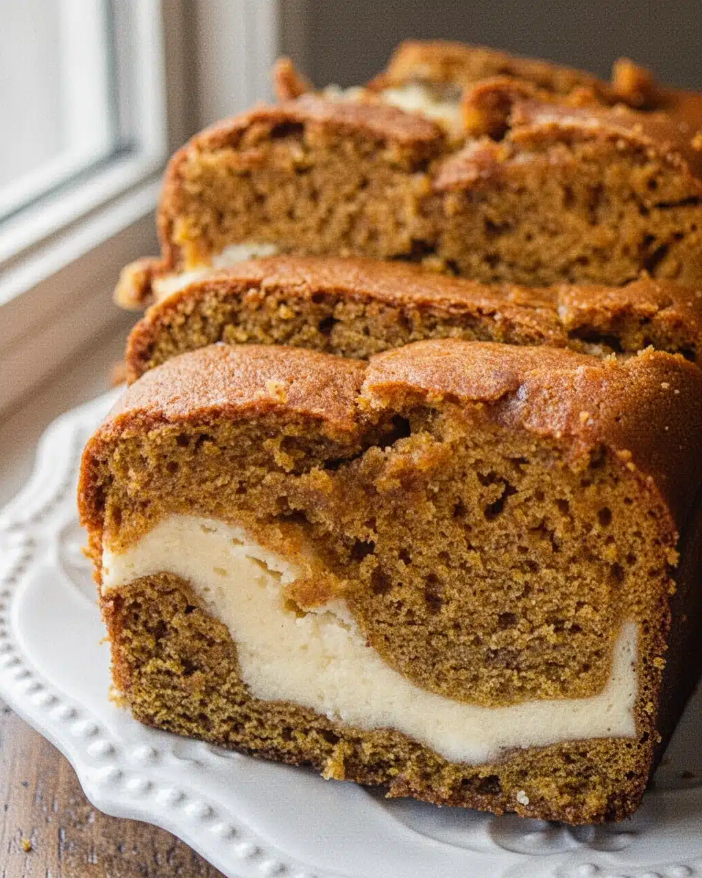 Cheesecake Stuffed Pumpkin Bread Slices Slices of cheesecake stuffed pumpkin bread on a white plate