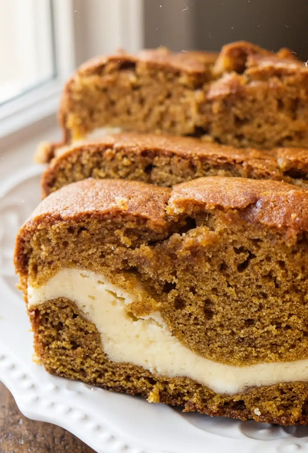 Cheesecake Stuffed Pumpkin Bread Slices Slices of cheesecake stuffed pumpkin bread on a white plate