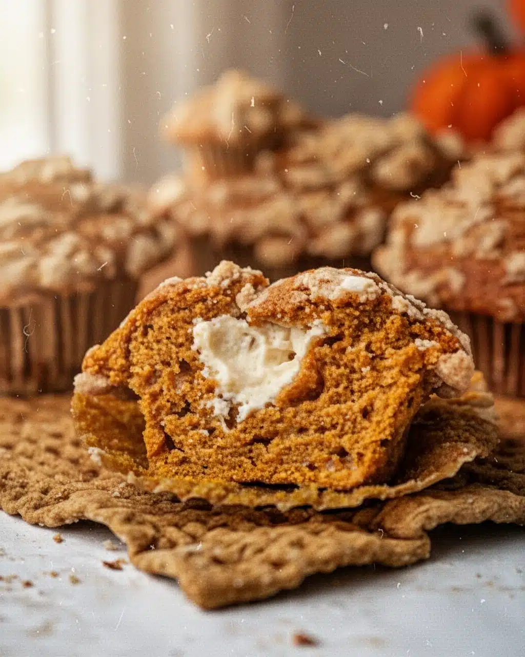 Cheesecake Stuffed Pumpkin Cookie with Creamy Center Cheesecake stuffed pumpkin cookie with creamy filling, golden-brown exterior, autumn dessert