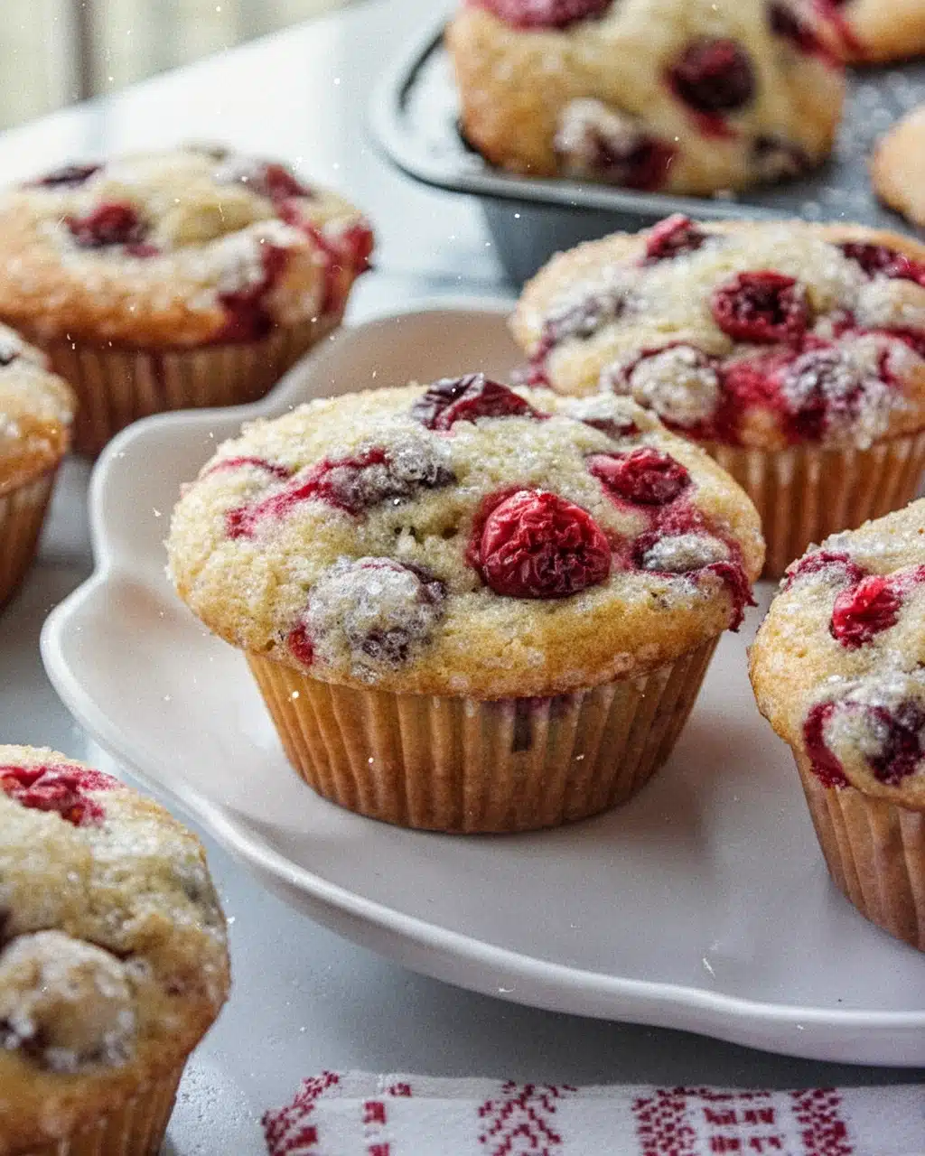 Festive Christmas Cranberry Muffins with Sparkling Sugar Freshly baked Christmas cranberry muffins with sparkling sugar and cranberries on a white plate