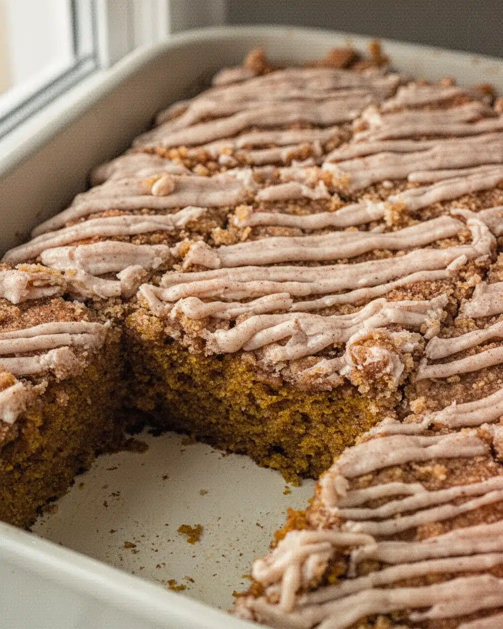 Cinnamon Streusel Pumpkin Cake with Icing Drizzle Moist cinnamon streusel pumpkin cake with crumb topping and icing drizzle