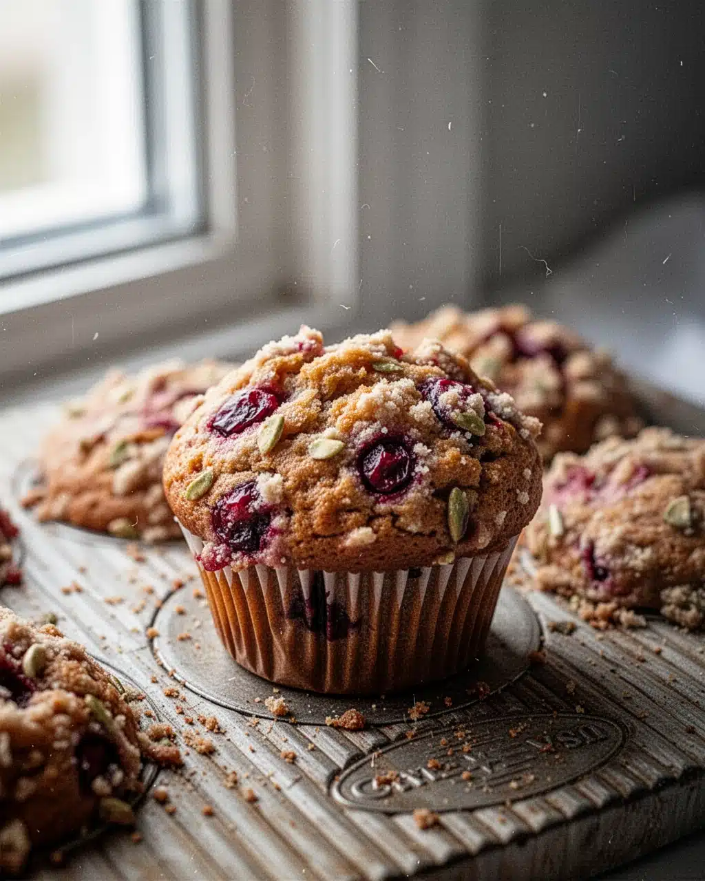 Delicious Cranberry Muffins with Crumb Topping Golden cranberry muffins with crumb topping in a muffin tin