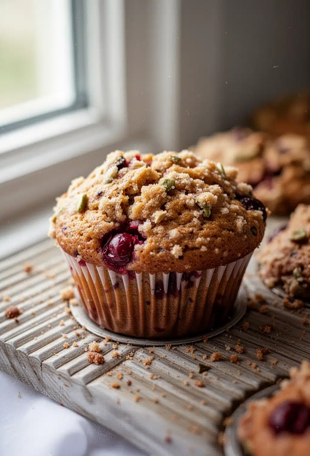 Delicious Cranberry Muffins with Crumb Topping Golden cranberry muffins with crumb topping in a muffin tin