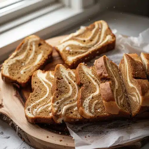 Cream Cheese Swirl: Irresistibly Delicious Delight 1 Sliced pumpkin cream cheese swirl loaf on wooden board, showing creamy swirls