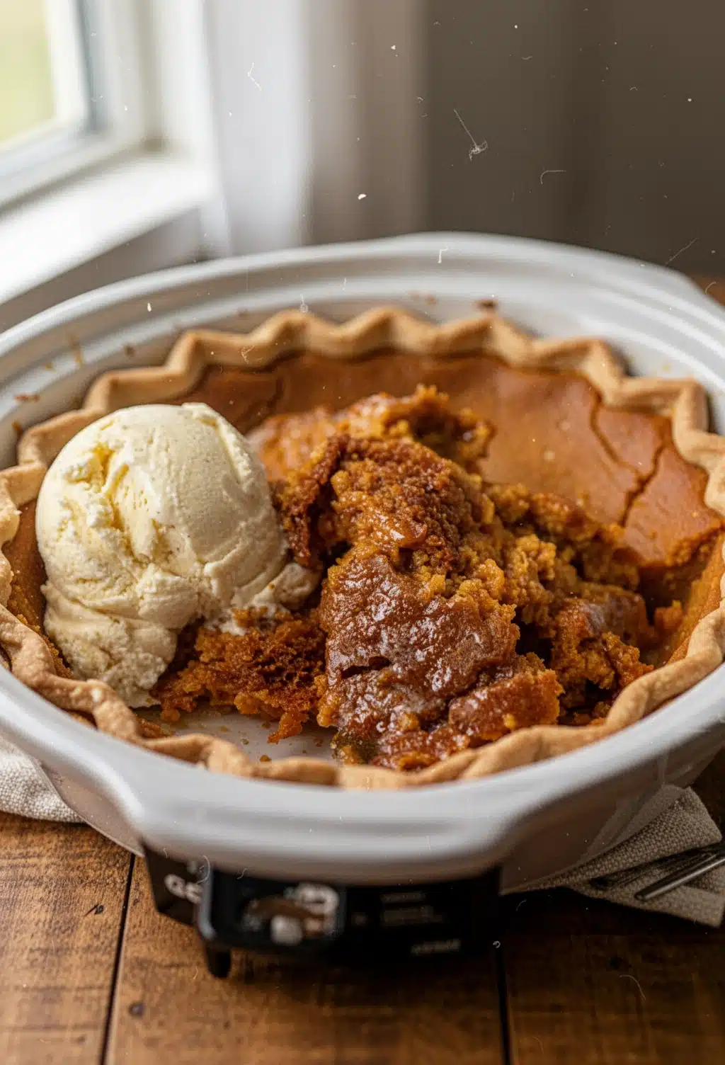 Crock Pot Pumpkin Pie Pudding with Vanilla Ice Cream Crock pot pumpkin pie pudding with vanilla ice cream on a white plate