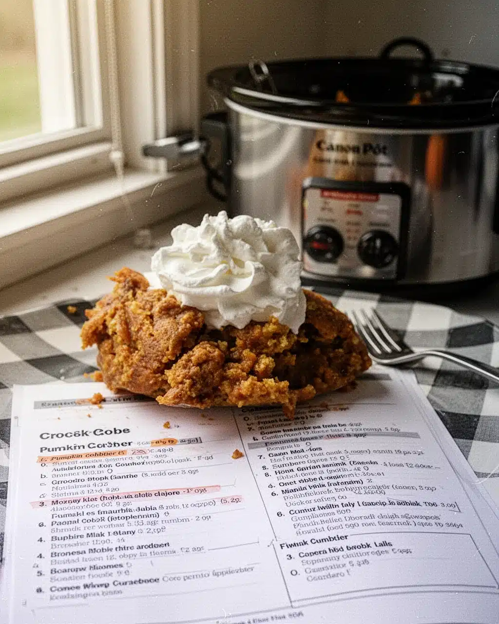 Crockpot Pumpkin Cobbler with Whipped Cream Crockpot pumpkin cobbler topped with whipped cream on checkered plate