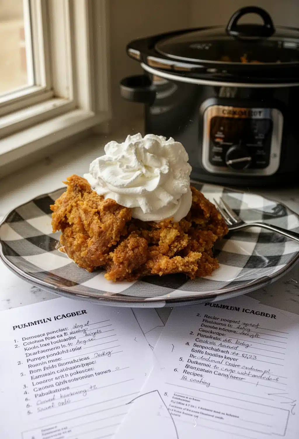 Crockpot Pumpkin Cobbler with Whipped Cream Crockpot pumpkin cobbler with whipped cream and pumpkin in background