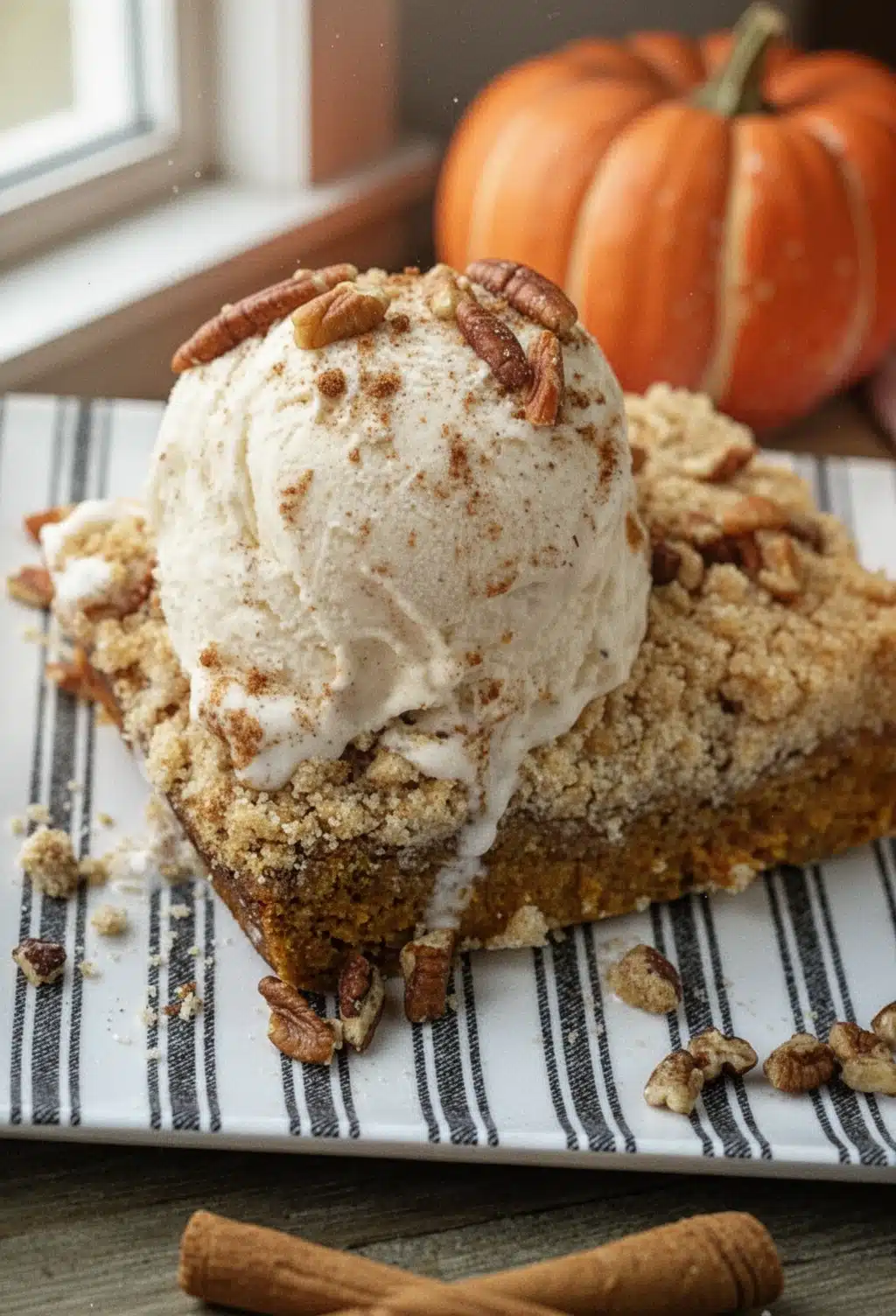 Dairy Free Pumpkin Dump Cake with Ice Cream Topping Dairy free pumpkin dump cake slice with ice cream and pecans on striped plate