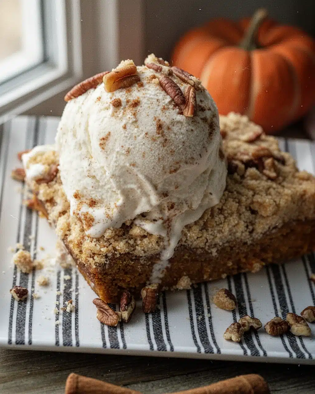 Dairy Free Pumpkin Dump Cake with Ice Cream Topping Dairy free pumpkin dump cake slice with ice cream and pecans on striped plate