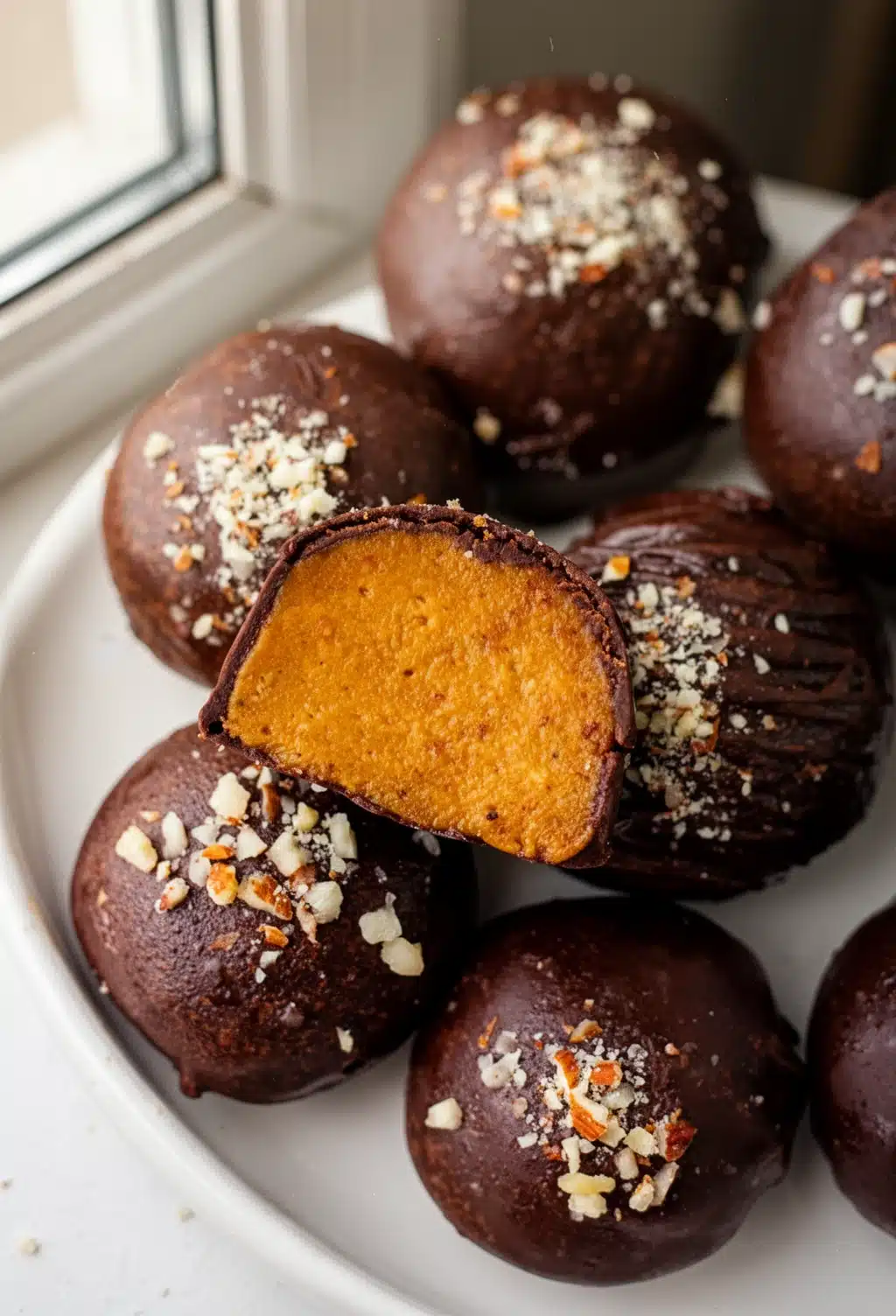 Easy Thanksgiving Pumpkin Truffles with Chocolate Coating Easy dessert thanksgiving pumpkin truffles with chocolate coating and nut topping