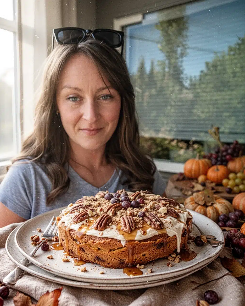 Easy Dessert Thanksgiving Recipe Creator Woman smiling with sunglasses on head, easy dessert thanksgiving recipe creator