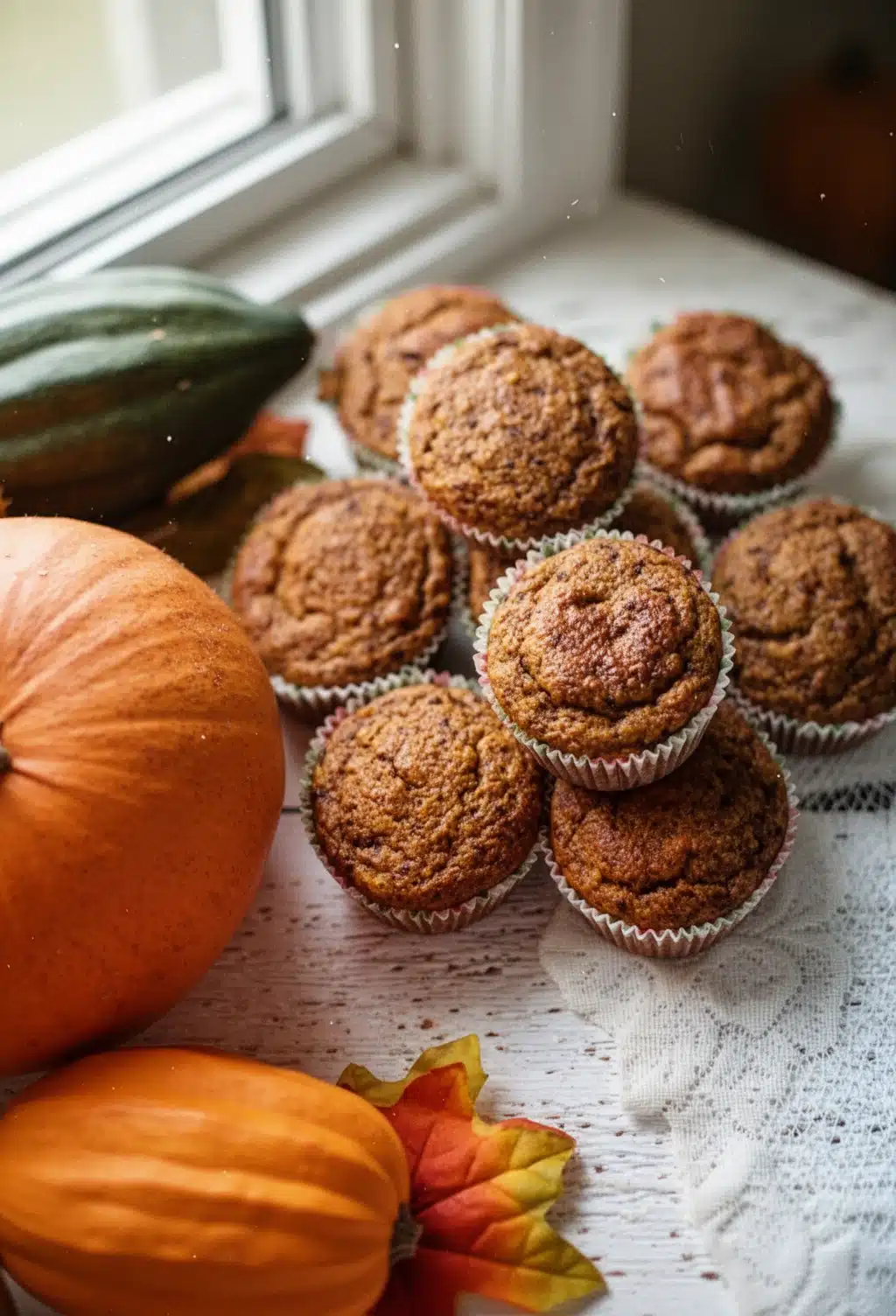 Fall Harvest Pumpkin Sourdough Muffins with Pumpkins Fall harvest pumpkin sourdough muffins with pumpkins and autumn leaves