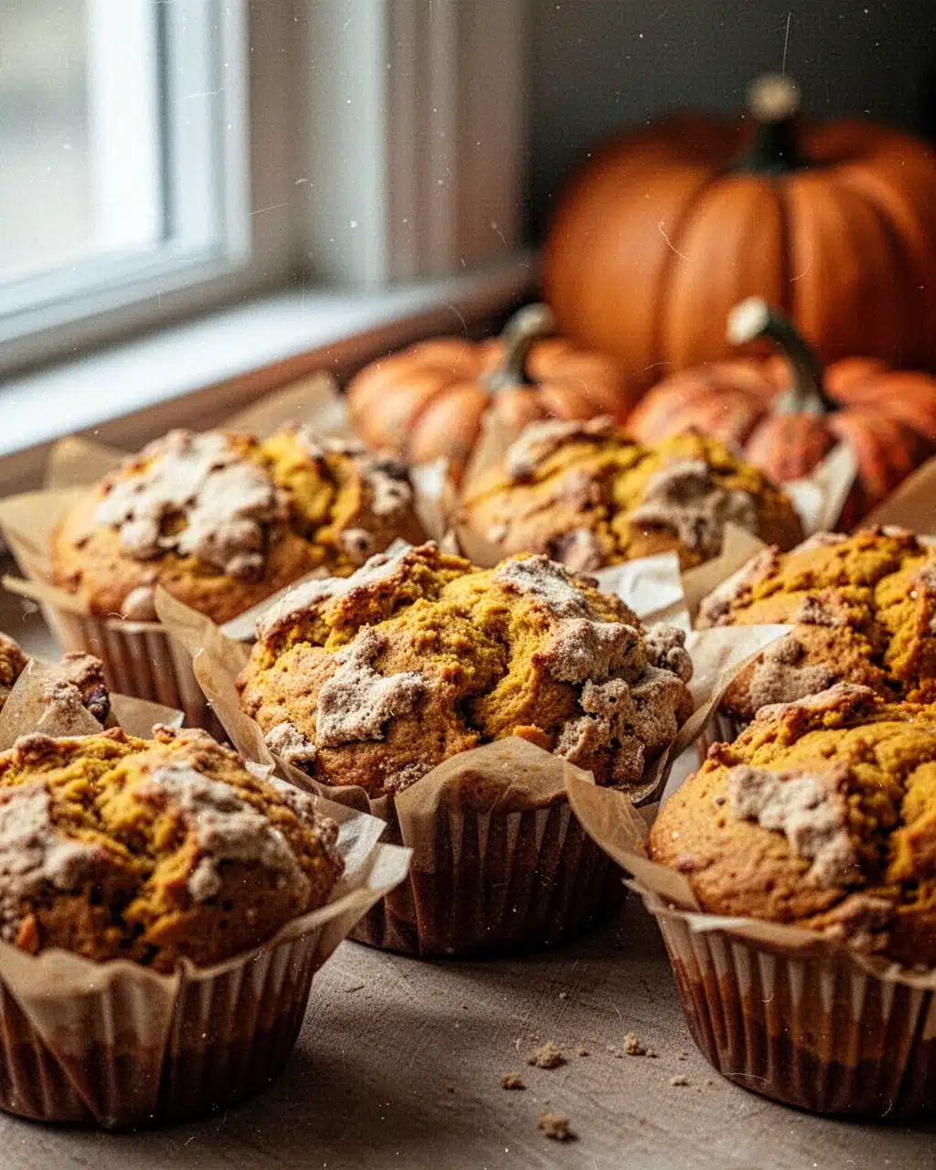 Fall Harvest Pumpkin Sourdough Muffins Recipe Fall harvest pumpkin sourdough muffins on a wooden board with autumn leaves