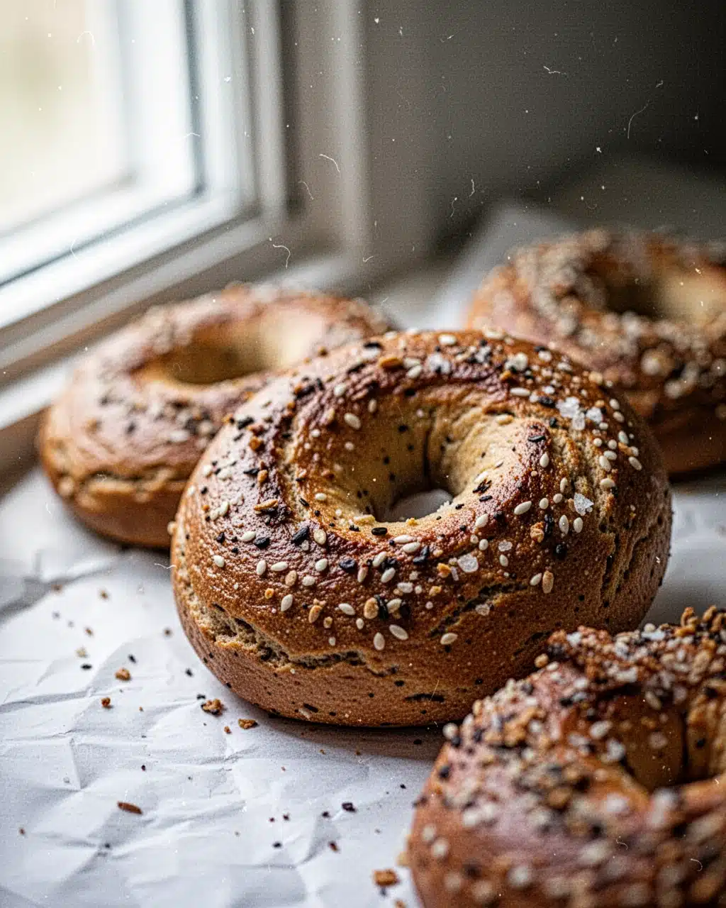 Easy Gluten-Free Bagels with Everything Seasoning Gluten free bagels easy to make with everything seasoning on parchment paper