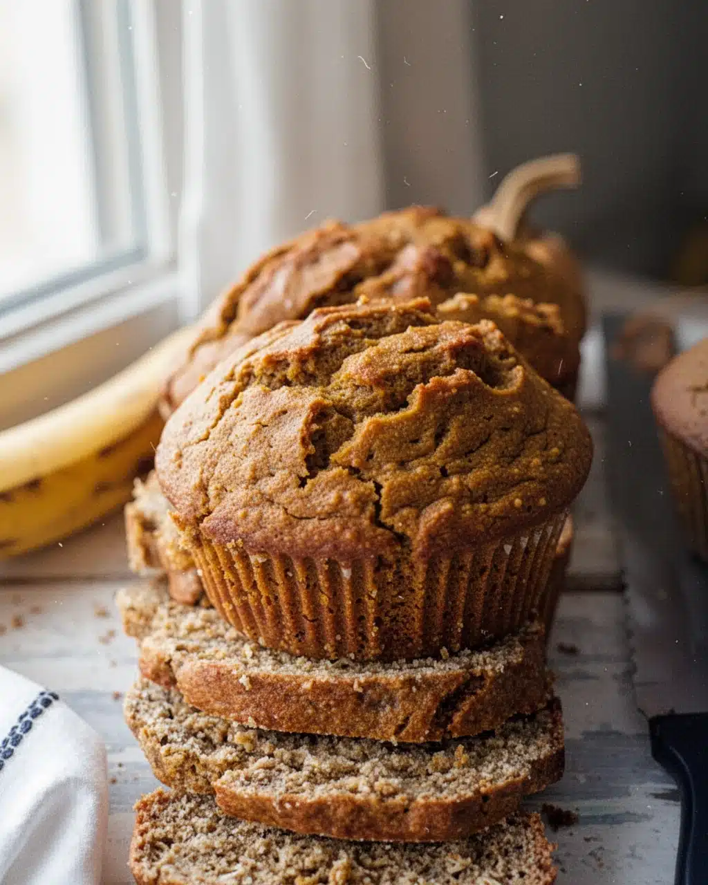Gluten Free Pumpkin Muffins Oat Flour Sliced with Banana Gluten free pumpkin muffins oat flour, sliced, with banana and knife