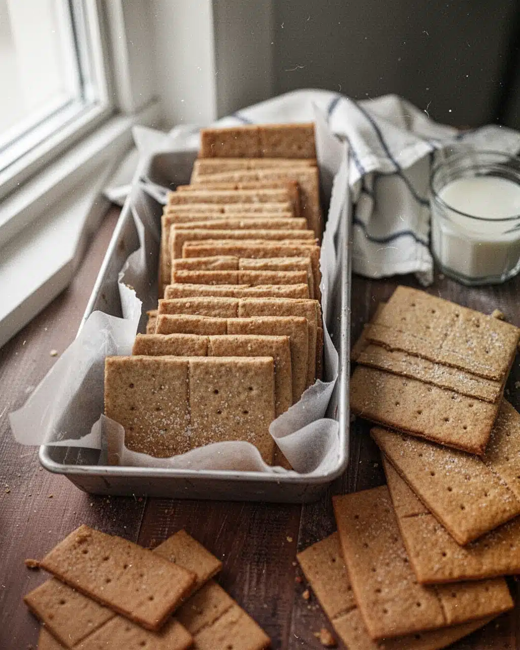 Homemade Graham Cracker Recipe with Milk Homemade graham crackers in a loaf pan with milk, keyword: graham cracker recipe
