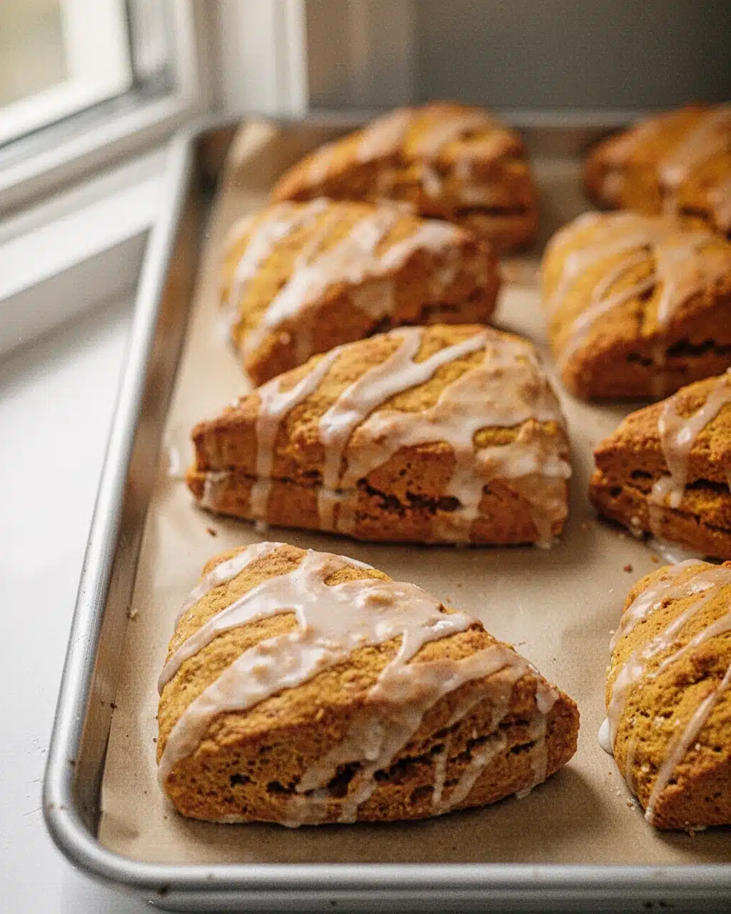 Harvest Pumpkin Scones with Vanilla Glaze Golden harvest pumpkin scones with white glaze on a baking sheet