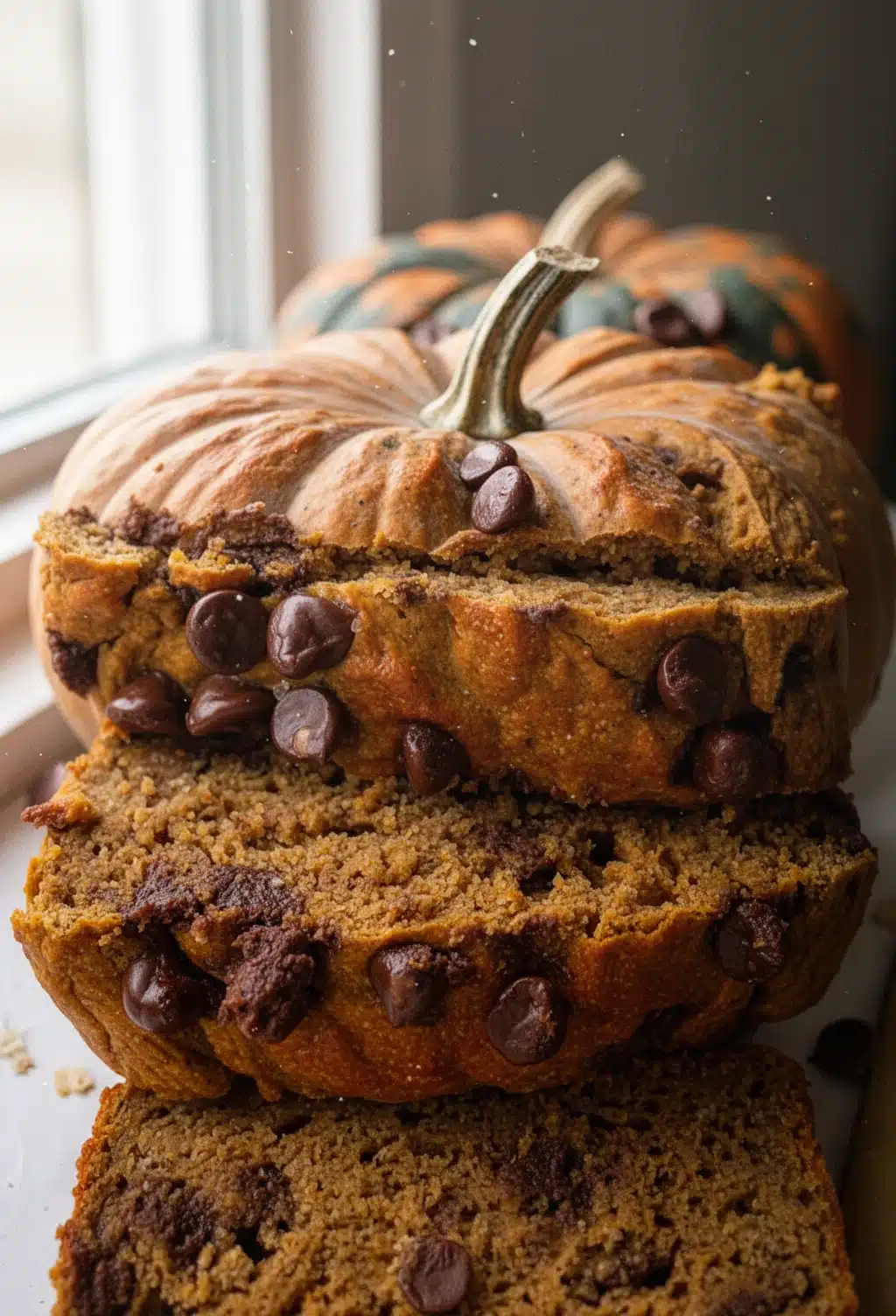 Healthy Pumpkin Oat Flour Bread with Chocolate Chips Healthy pumpkin oat flour bread with chocolate chips, sliced and served on a white plate