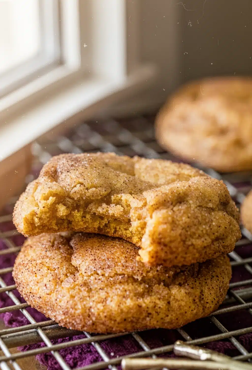 Healthy pumpkin snickerdoodle cookies on cooling rack, golden and chewy with cinnamon sugar topping