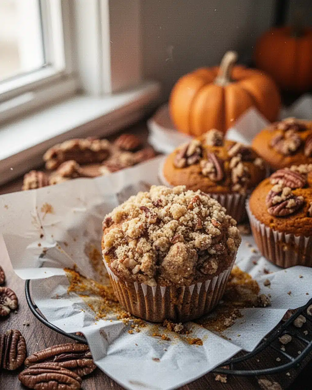Pumpkin Pecan Muffin with Crumble Topping Moist pumpkin pecan muffin with crunchy pecan crumble topping