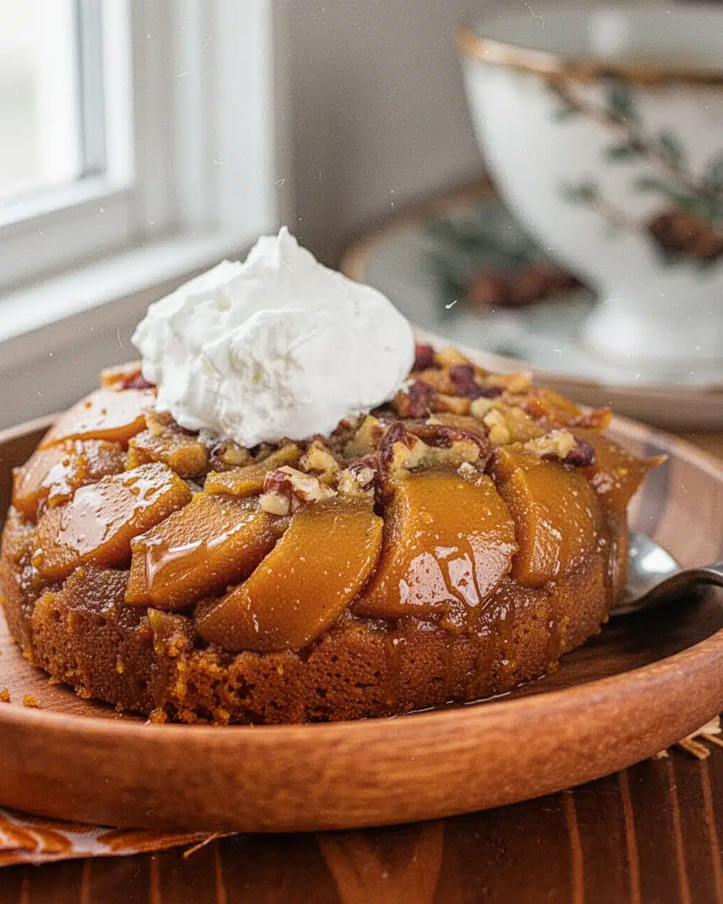 Pumpkin Upside Down Cake with Whipped Cream Pumpkin upside down cake slice with whipped cream and pecans