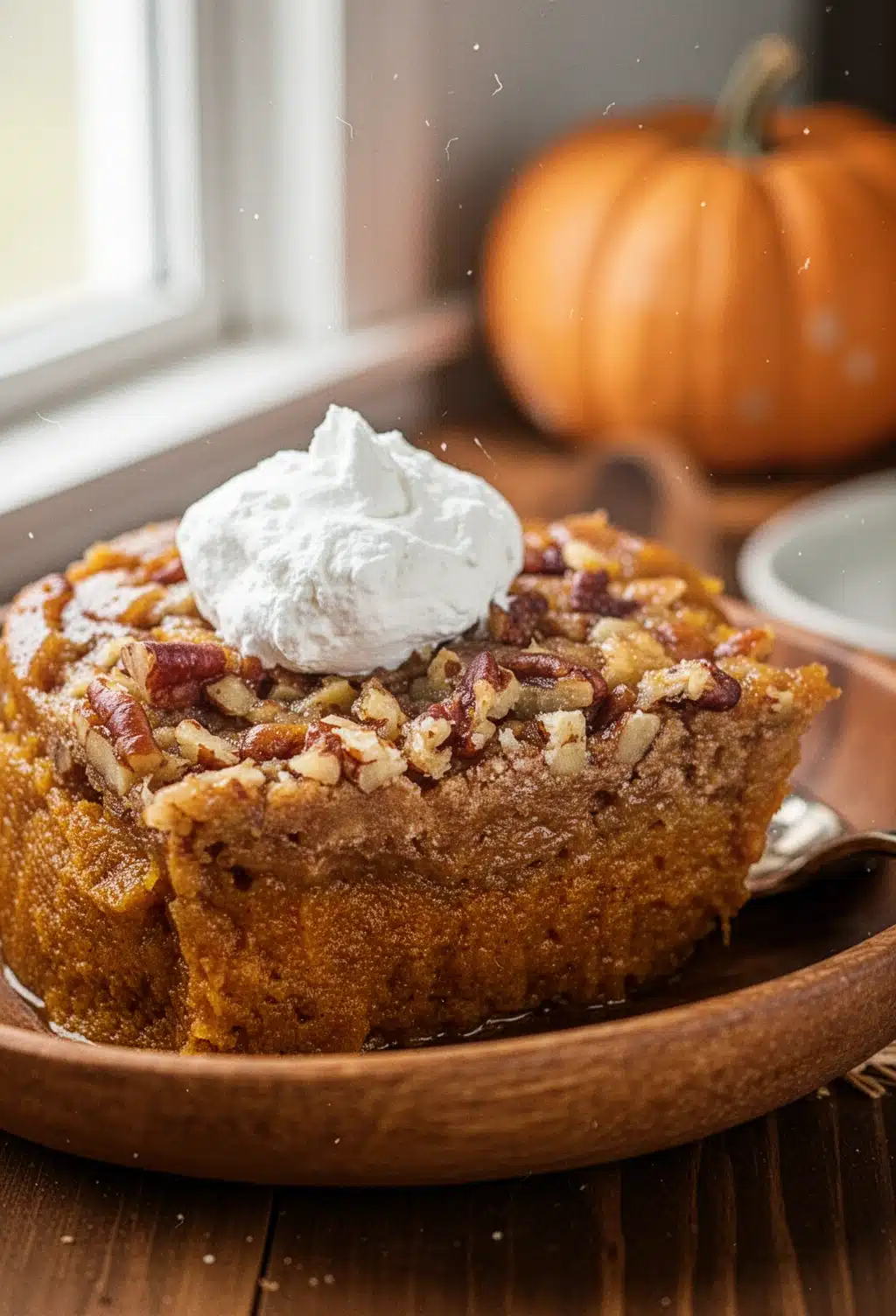 Pumpkin Upside Down Cake with Whipped Cream Slice of pumpkin upside down cake with whipped cream and pecans