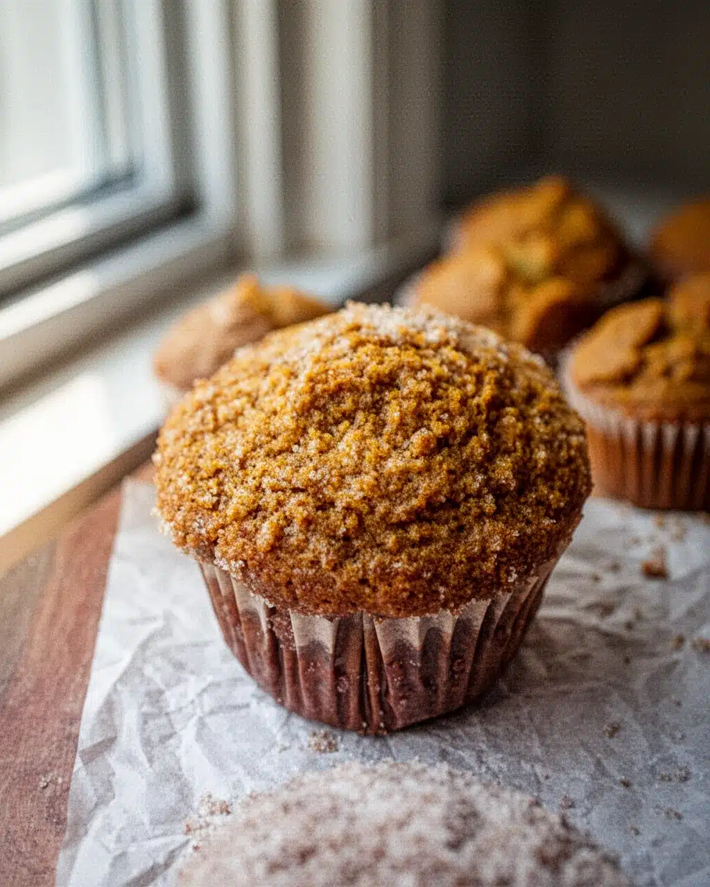 Mini Pumpkin Muffins with Crumb Topping Mini pumpkin muffin with crumb topping on parchment paper