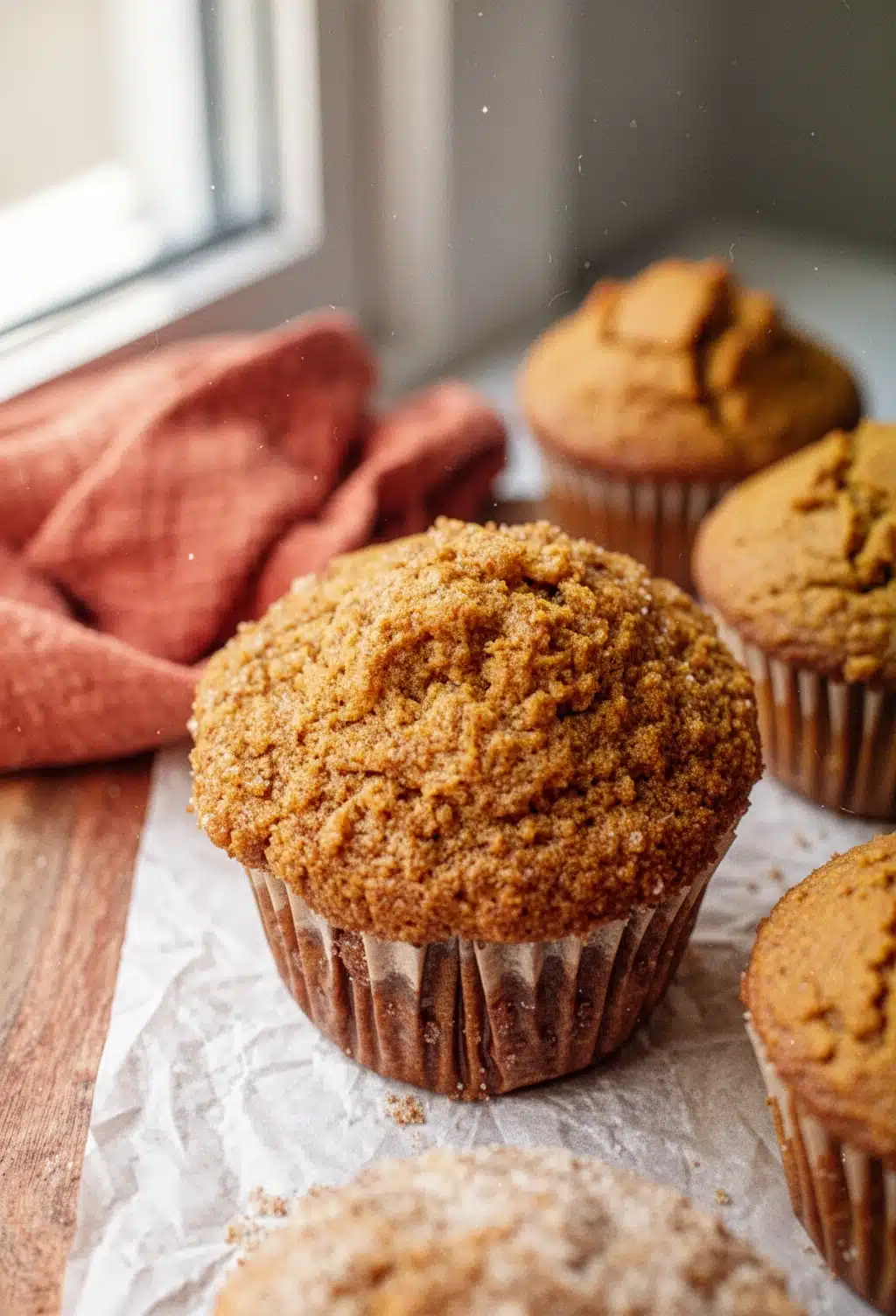 Mini Pumpkin Muffins with Crumb Topping Mini pumpkin muffin with crumb topping on parchment paper