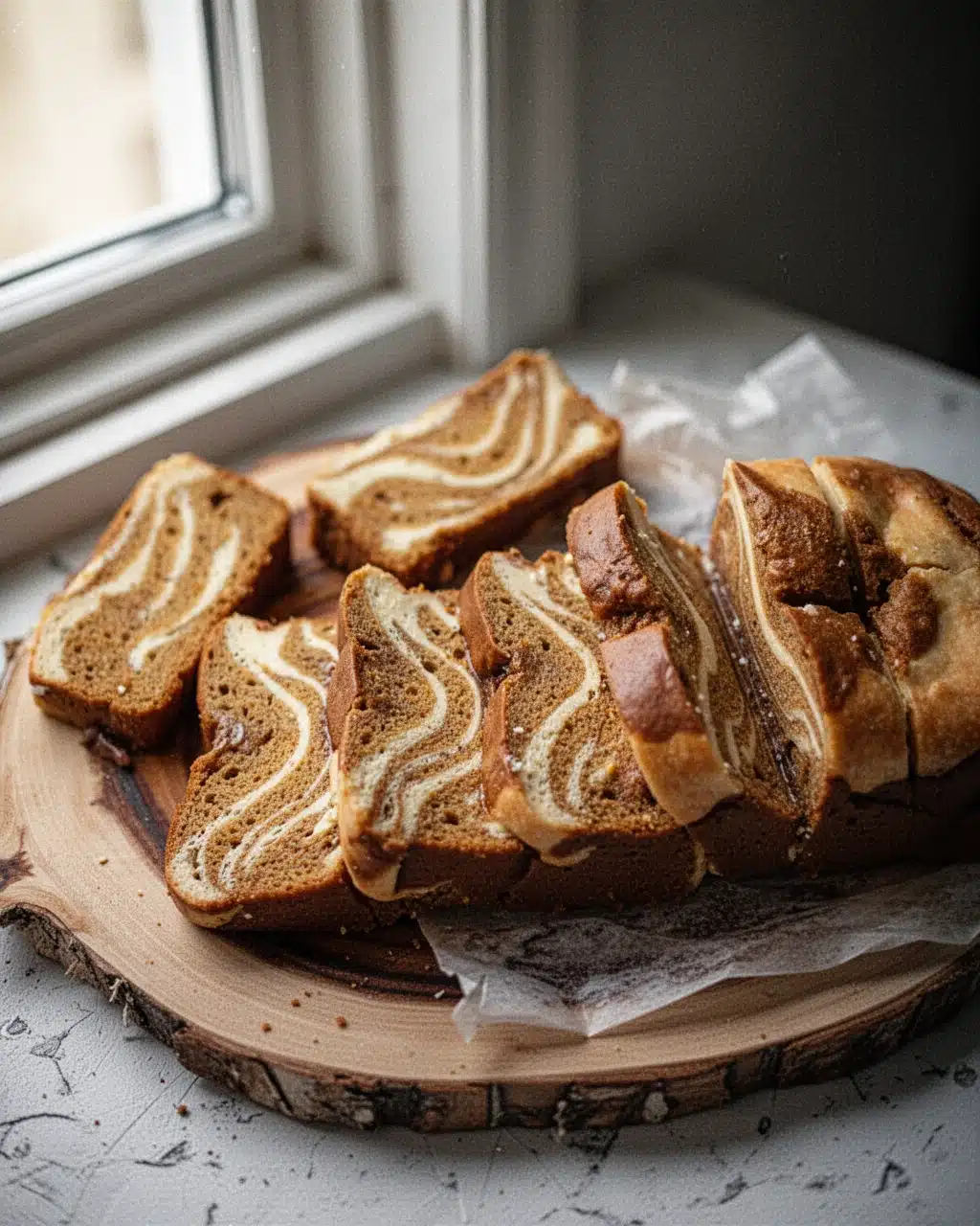 Pumpkin Cream Cheese Swirl Loaf Slices Sliced pumpkin cream cheese swirl loaf on a wooden board