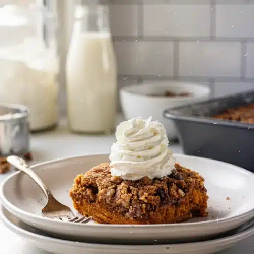 Easy Pumpkin Dump Cake Recipe with Spice Cake Mix 1 Pumpkin dump cake with spice cake and pecan topping, served with whipped cream