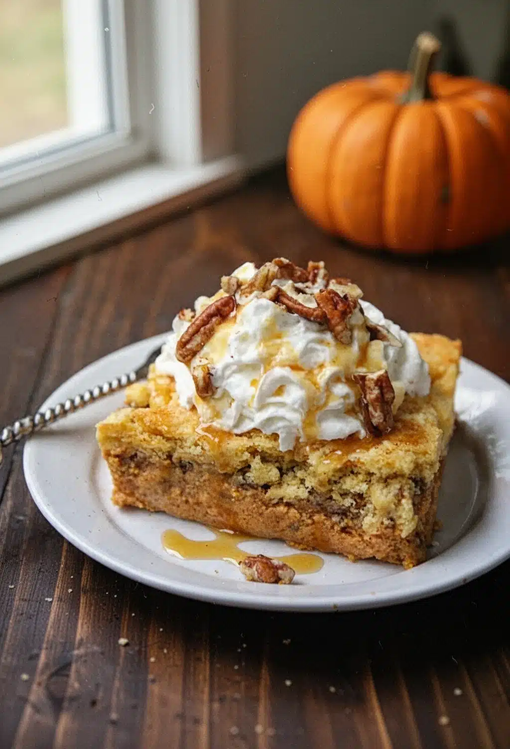 Pumpkin Dump Cake with Whipped Cream and Pecans Pumpkin dump cake with whipped cream and pecans, fall dessert