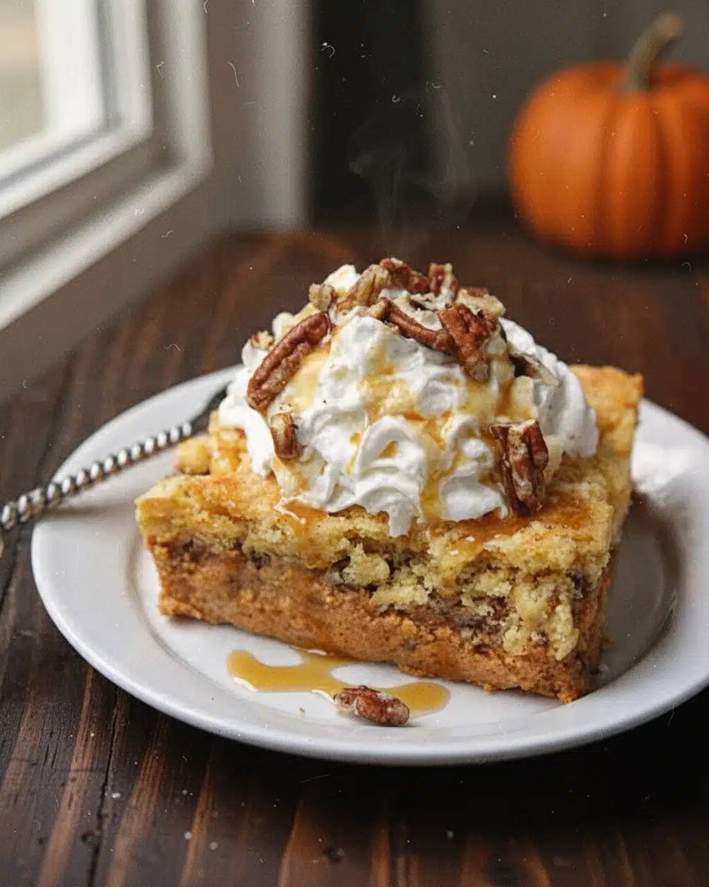 Pumpkin Dump Cake with Whipped Cream and Pecans Pumpkin dump cake with whipped cream and pecans, fall dessert