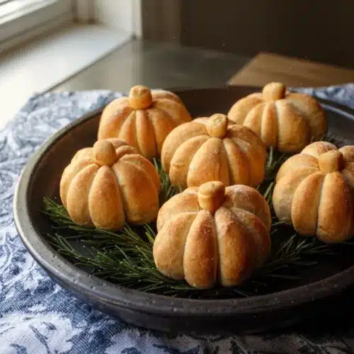Pumpkin-Shaped Dinner Rolls: A Delightful Treat! 1 Pumpkin-shaped dinner rolls on a plate with rosemary, golden brown and fluffy