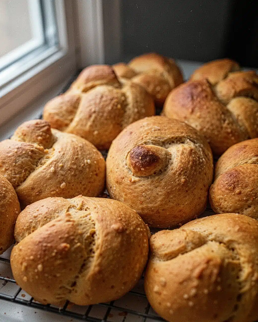 Pumpkin-Shaped Dinner Rolls Freshly Baked Golden-brown pumpkin-shaped dinner rolls on a cooling rack, freshly baked and fluffy